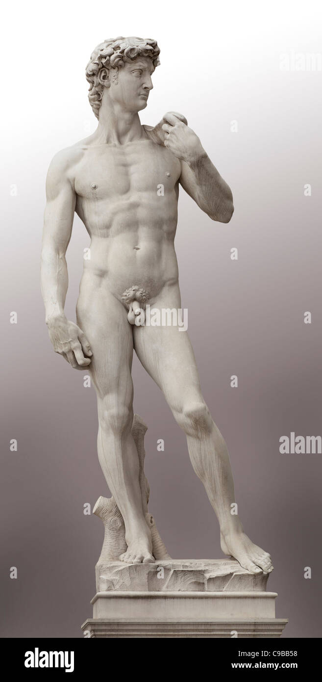 Una copia della statua in piedi nella posizione originale del David, di fronte al Palazzo Vecchio di Firenze. Foto Stock
