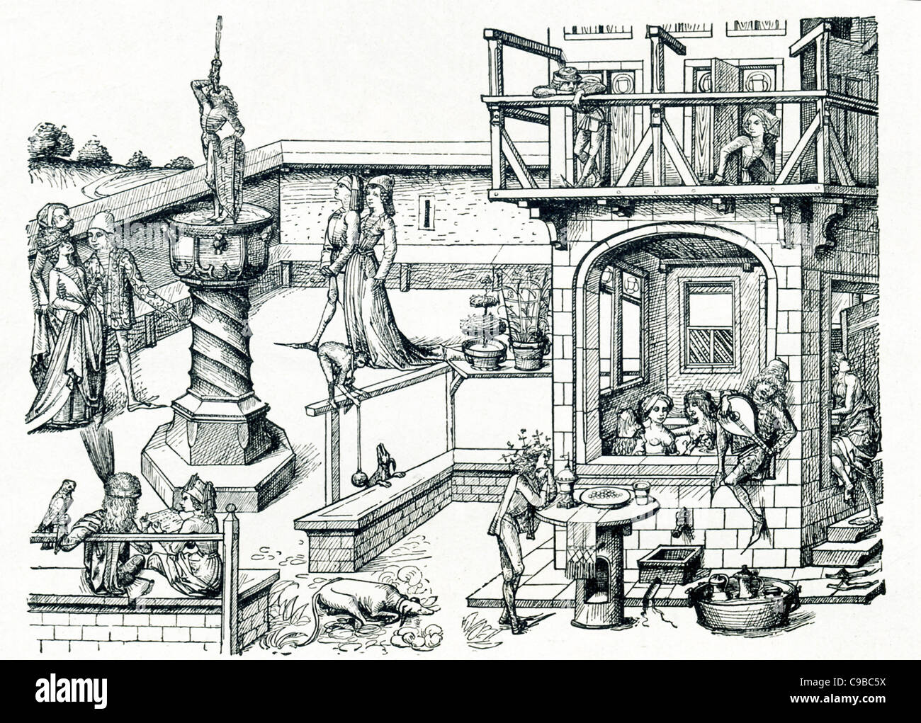 Questa illustrazione è dal Medioevo Housebook che descrive, in parole e immagini la vita in Europa alla fine del Quattrocento e Cinquecento Foto Stock