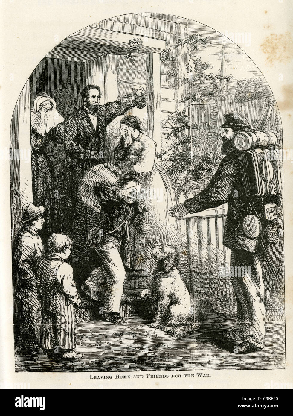 Antica incisione di un ragazzo del batterista di uscire di casa. Dal 1867 la guerra civile libro, i ragazzi in blu. Foto Stock