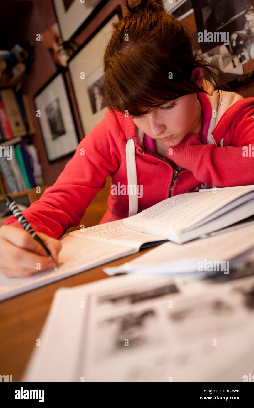 Una diciassettenne ragazza adolescente lavorando su di lei una storia di livello i compiti, Wales UK Foto Stock