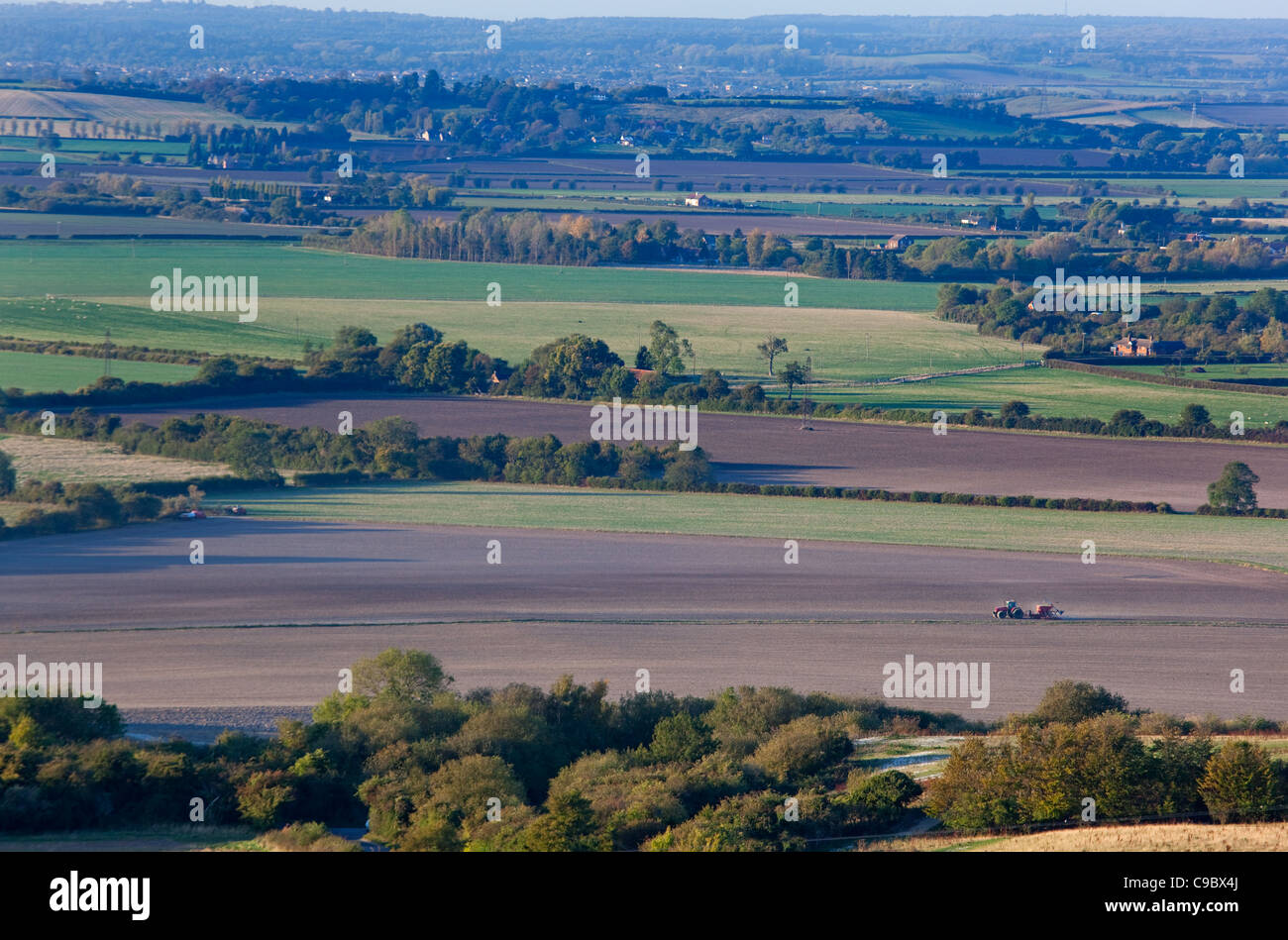 Semi di perforazione nella Chiltern Farmland dal faro Ivinghoe Bucks Foto Stock