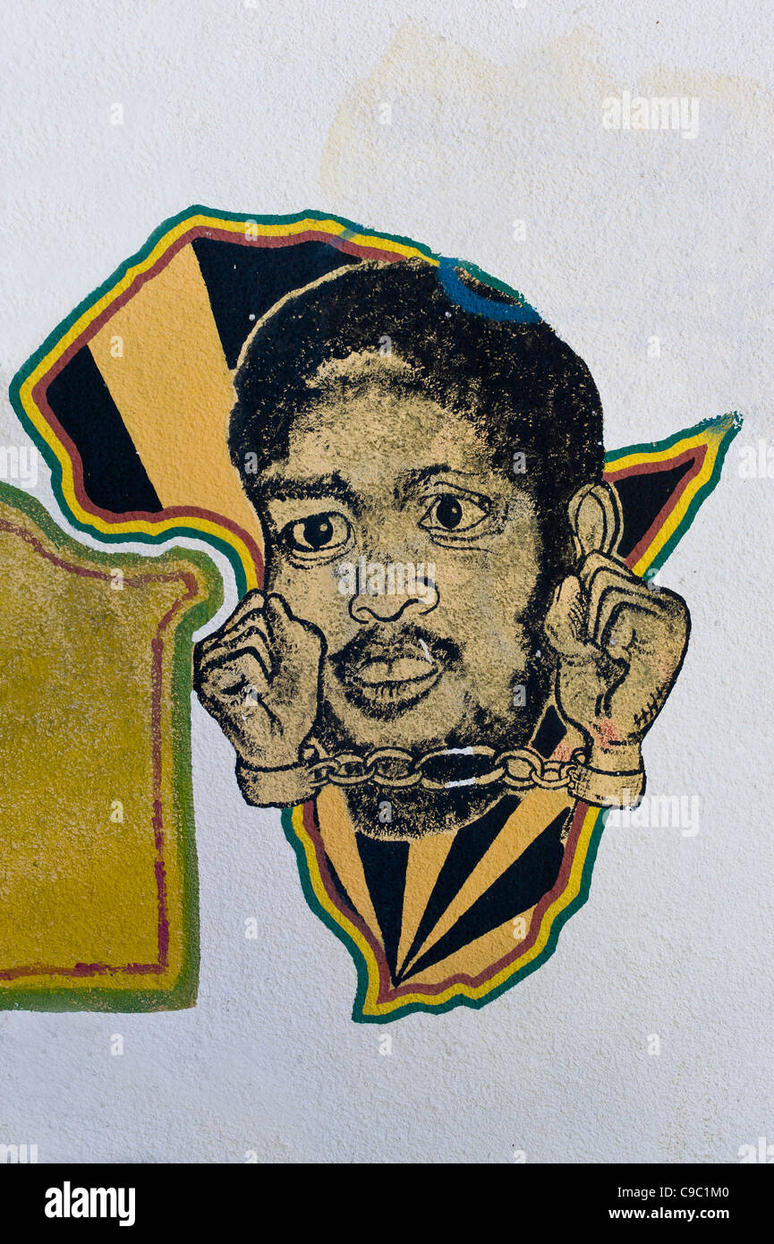 Graffiti con il continente africano e ammanettato African sul campus dell'Università di Città del Capo Sud Africa Foto Stock