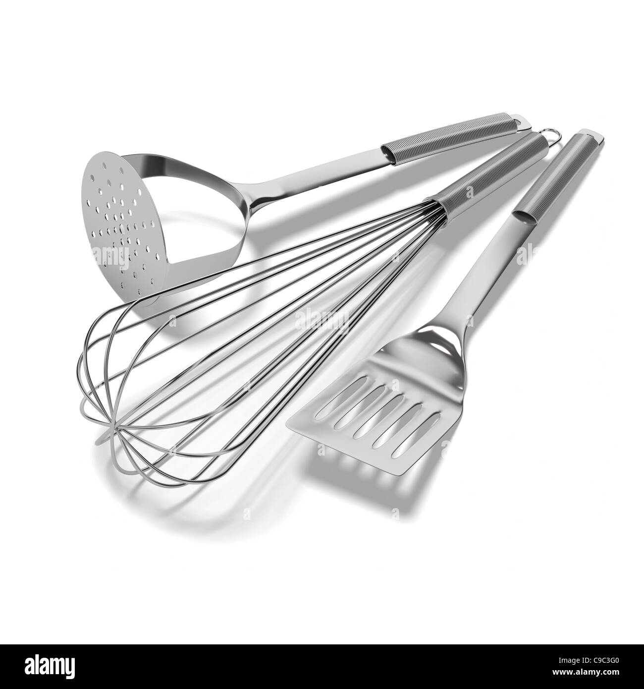 Chrome utensili da cucina su sfondo bianco Foto Stock