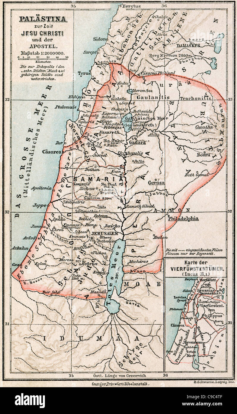 Mappa della Palestina al tempo di Gesù Cristo e gli apostoli. La Bibbia. Germania, circa 1895 Foto Stock