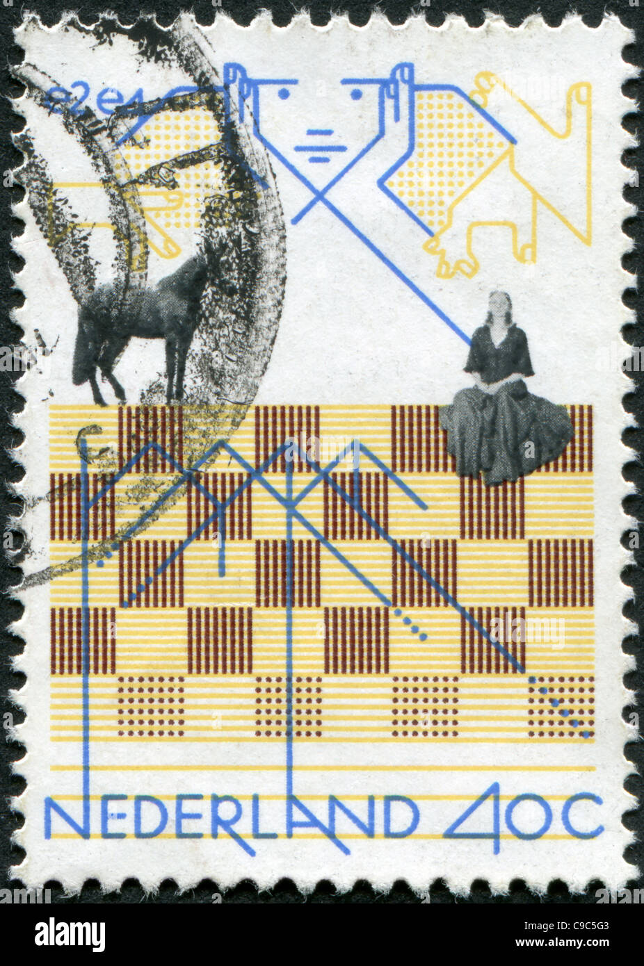 Paesi Bassi 1978: un francobollo dedicato a IBM a scacchi nel torneo di Amsterdam, mostra una scacchiera e spostare il diagramma Foto Stock