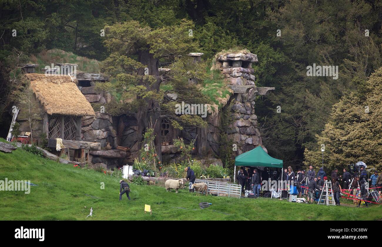 Le riprese di un film sul set di produttore esecutivo, scrittore e regista di Sir Peter Jackson sequel 'The Hobbit: un inaspettato viaggio" in una valle remota in paradiso, Glenorchy, 66km da Queenstown. Isola del Sud, Nuova Zelanda. Foto Stock