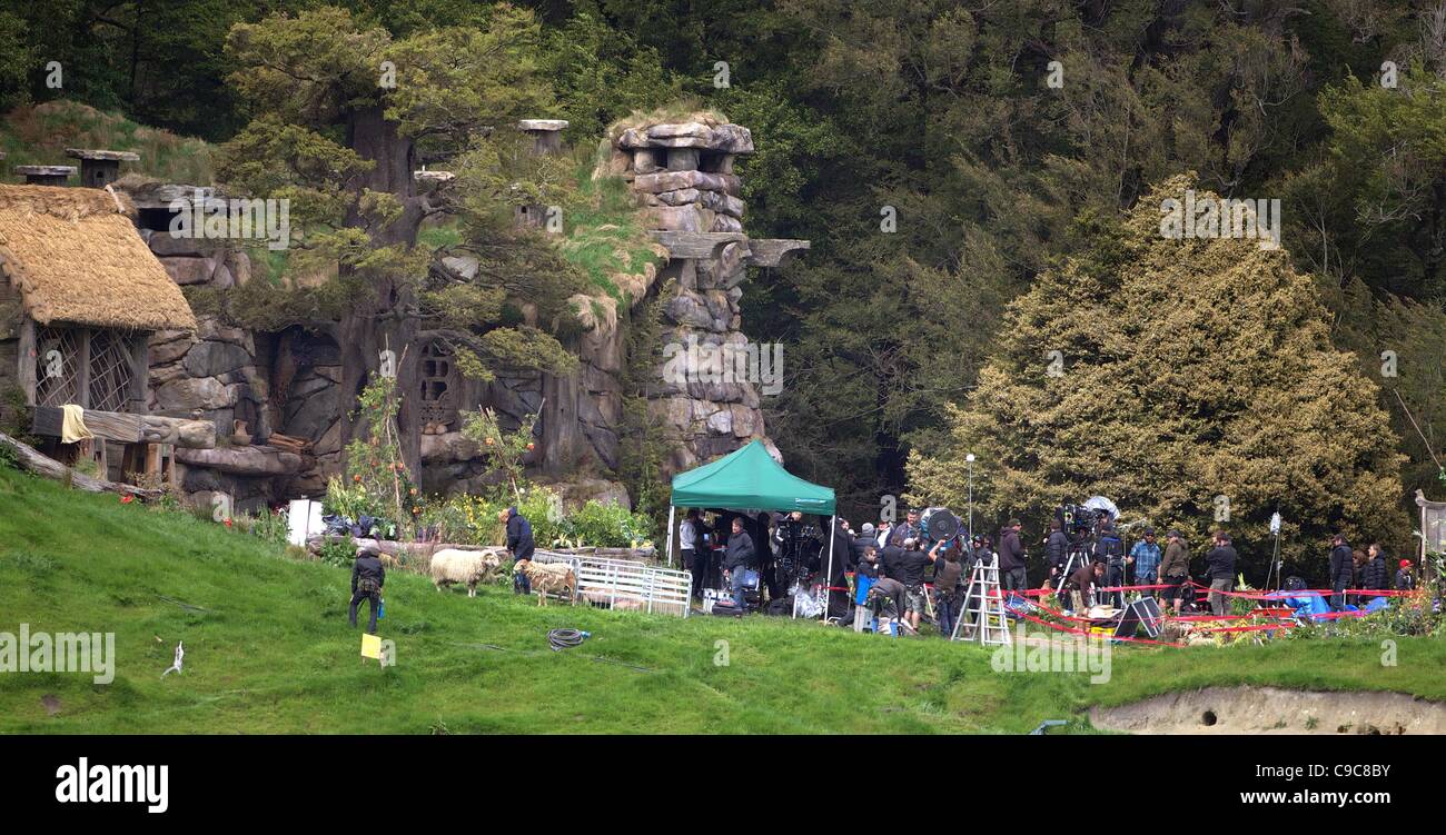 Le riprese di un film sul set di produttore esecutivo, scrittore e regista Sir Peter Jackson 019s sequel 'The Hobbit: un inaspettato viaggio" in una valle remota in paradiso, Glenorchy, 66km da Queenstown. Isola del Sud, Nuova Zelanda. Foto Stock