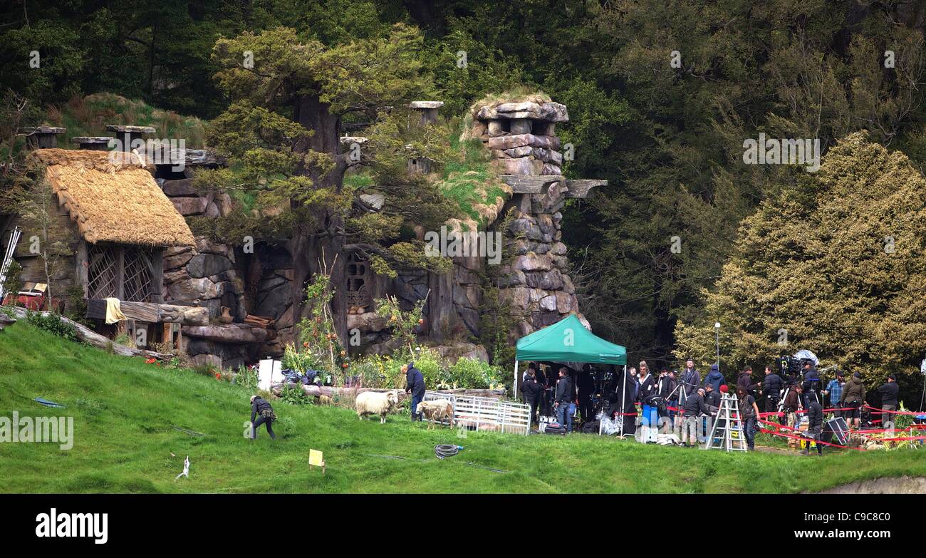 Le riprese di un film sul set di produttore esecutivo, scrittore e regista Sir Peter Jackson019s sequel 'The Hobbit: un inaspettato viaggio" in una valle remota in paradiso, Glenorchy, 66km da Queenstown. Isola del Sud, Nuova Zelanda. Foto Stock