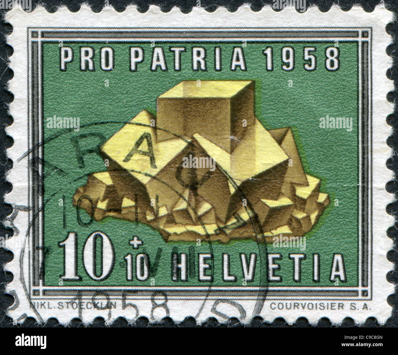 La Svizzera 1958: un timbro stampato in Svizzera, mostra il minerale di fluorite, una serie di "Pro Patria' Foto Stock