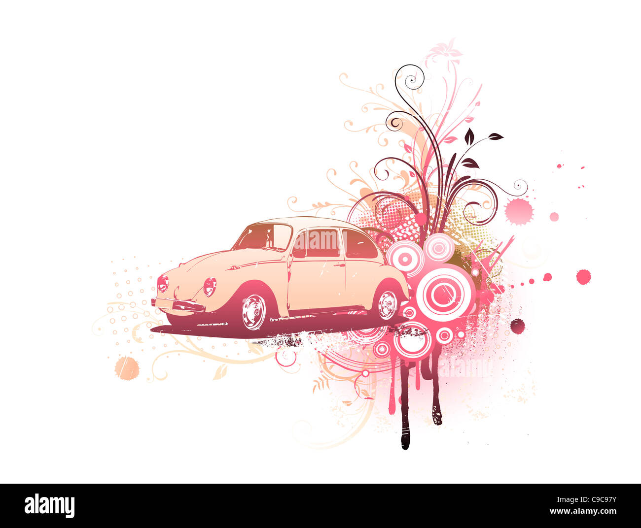 Illustrazione della vecchia abitudine Volkswagen Beatle sul grunge floral background decorativo Foto Stock