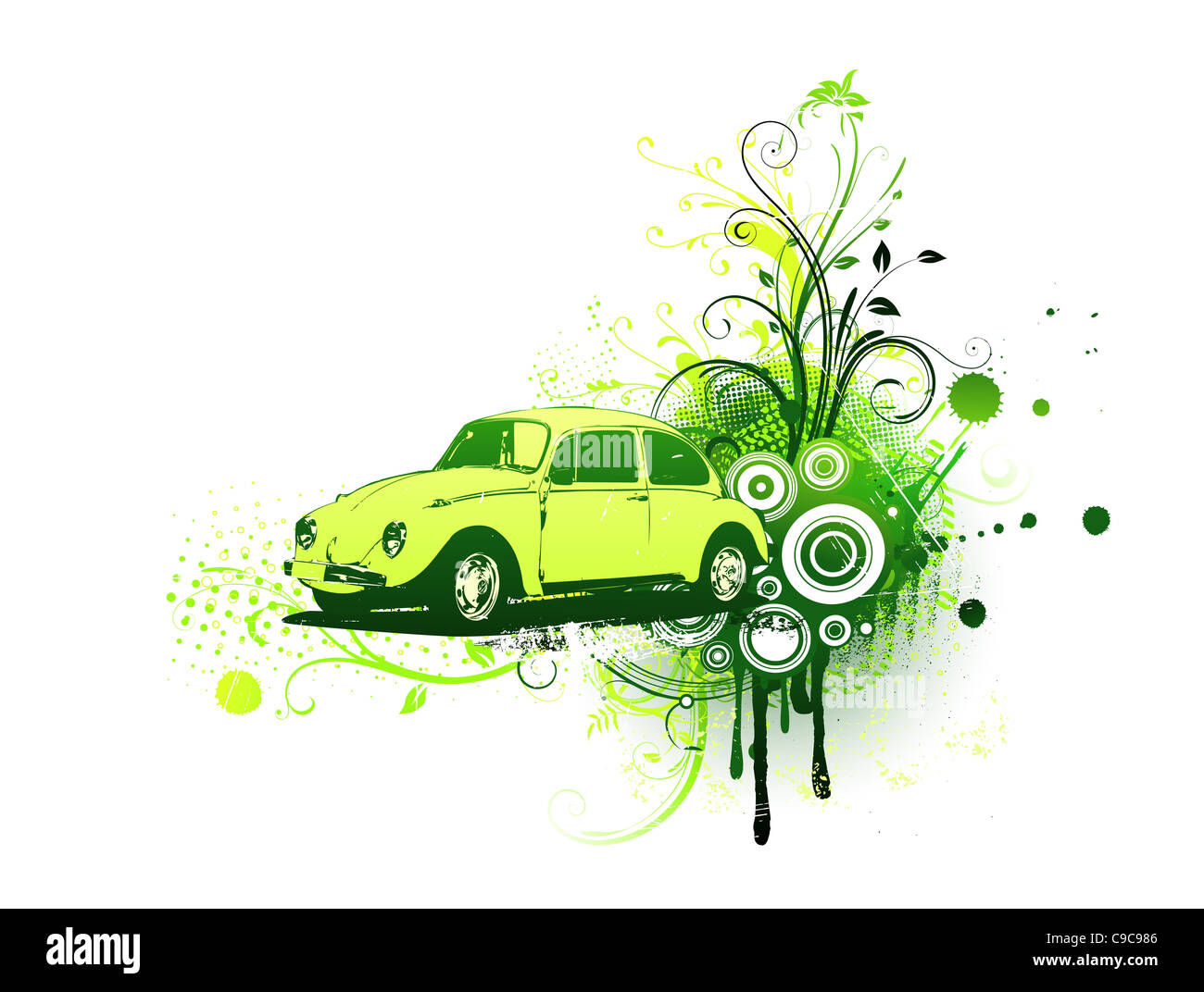 Illustrazione Vettoriale di vecchi custom verde Volkswagen Beatle sul grunge floral background decorativo Foto Stock
