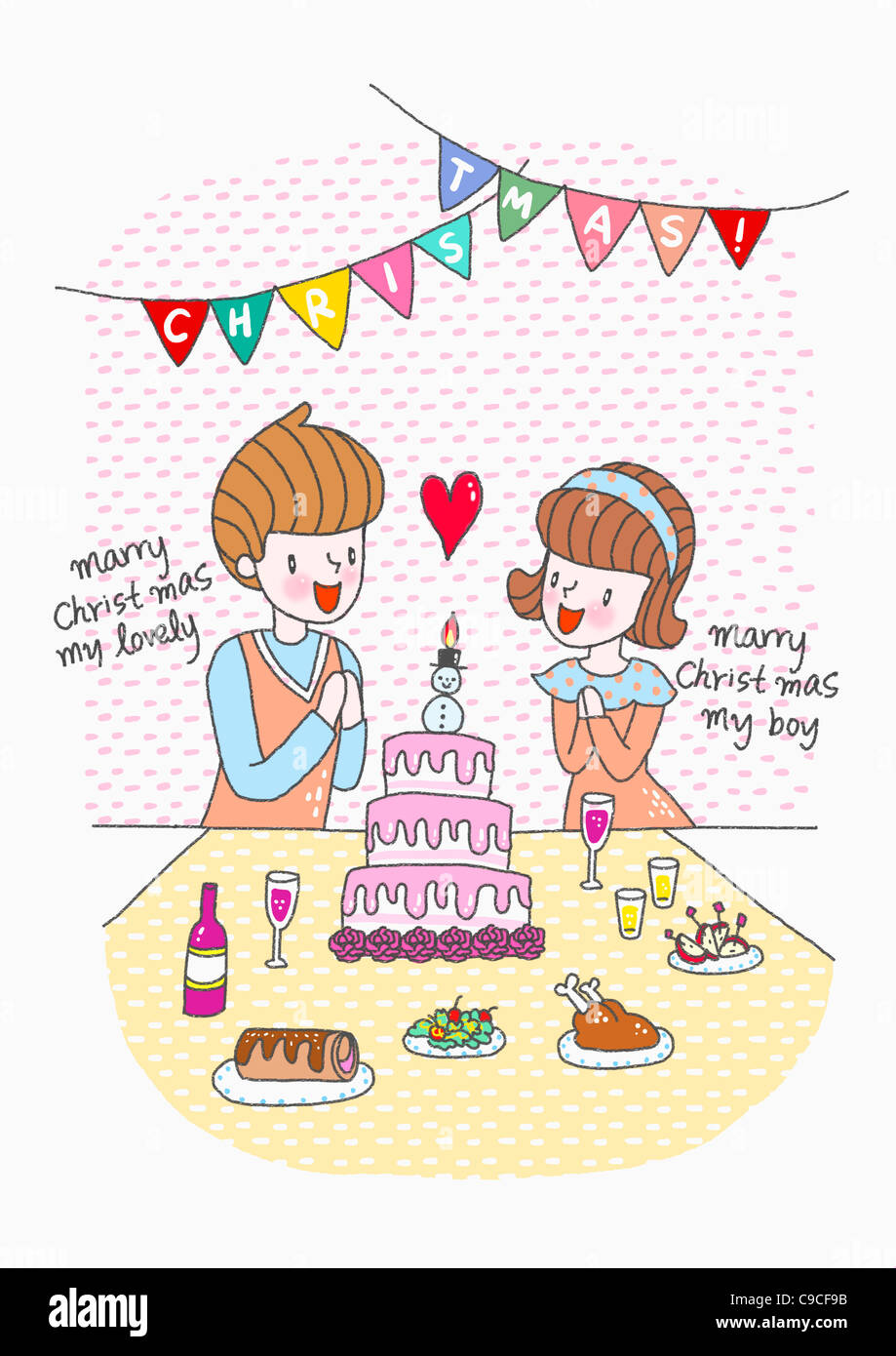 Un ragazzo e agirl con torta e alimenti Foto Stock