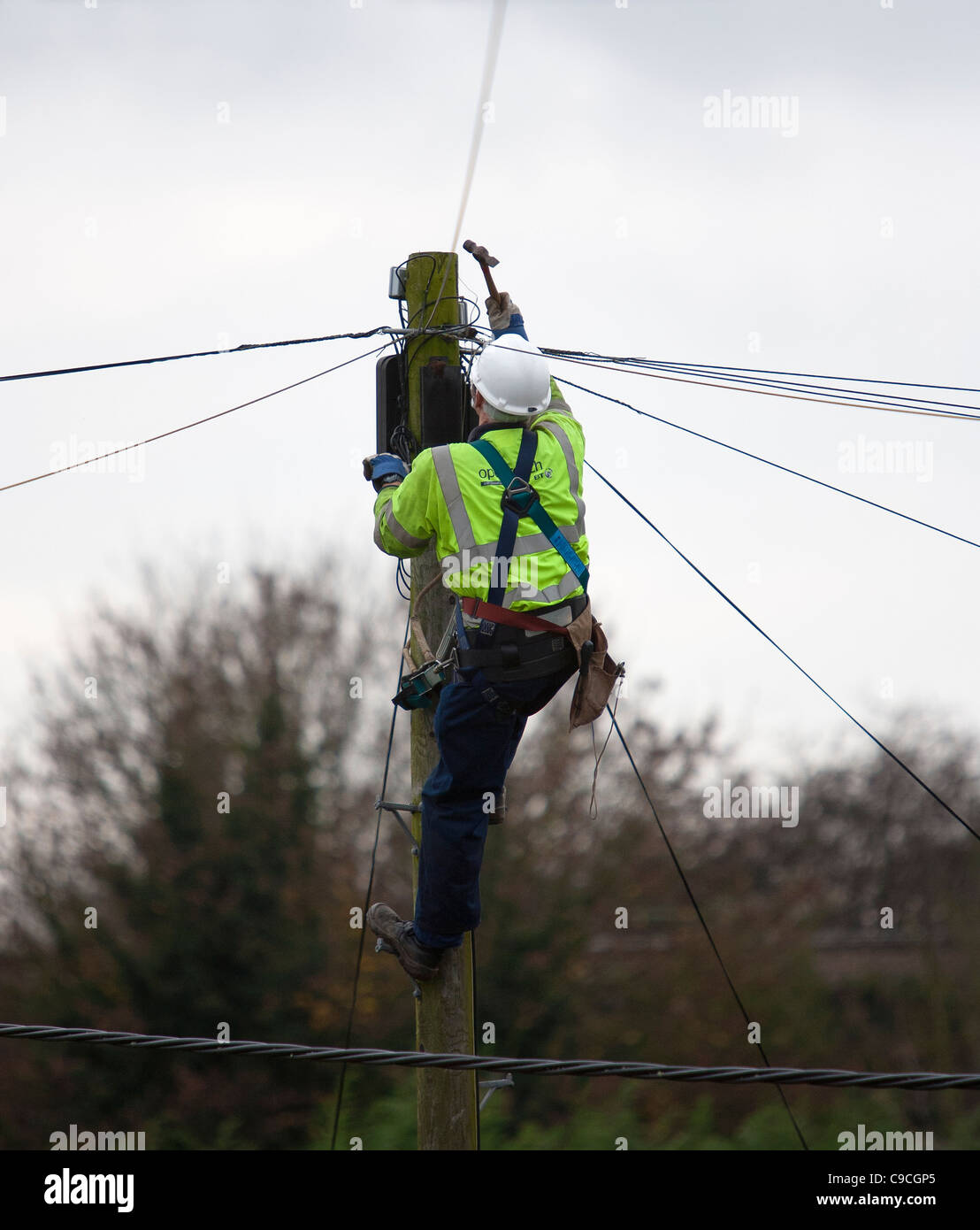 Un BT (British Telecom ) engineer si arrampica su un palo del telegrafo per eseguire controlli di manutenzione. Foto Stock