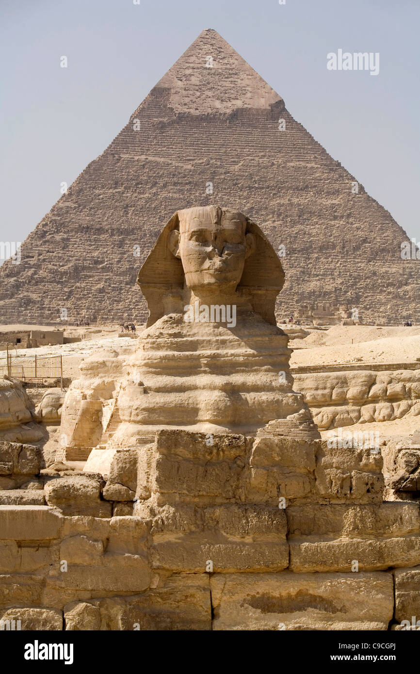 Grande Sfinge e una piramide di Khafre, Giza in Il Cairo Egitto Foto Stock