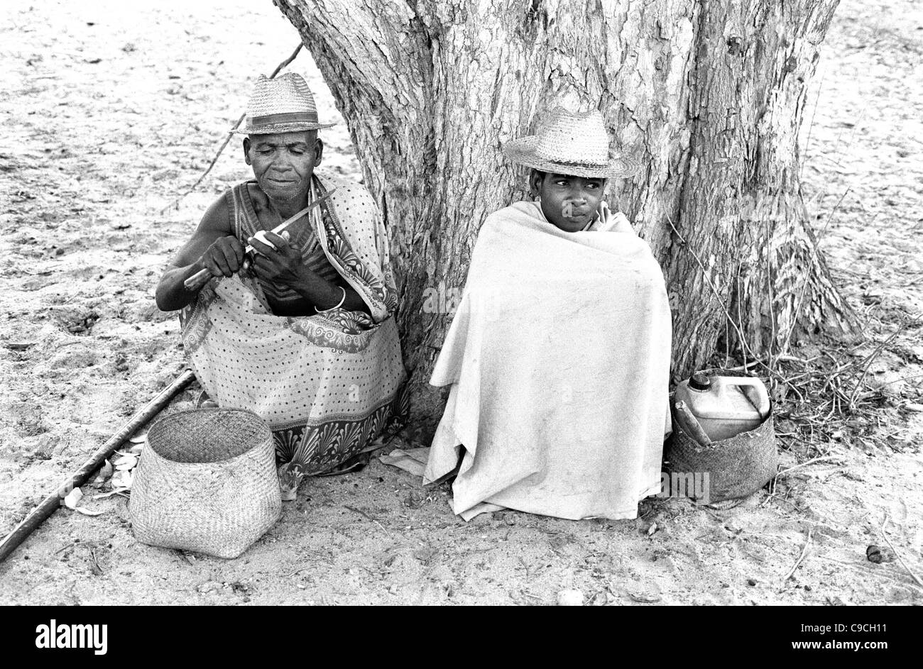 Villaggio Mahafaly o contadini avvolti in Lambas & cappelli di paglia Shelter sotto un albero di Tamarind, Tamarindus indica, vicino Ampanihy, Madagascar meridionale Foto Stock