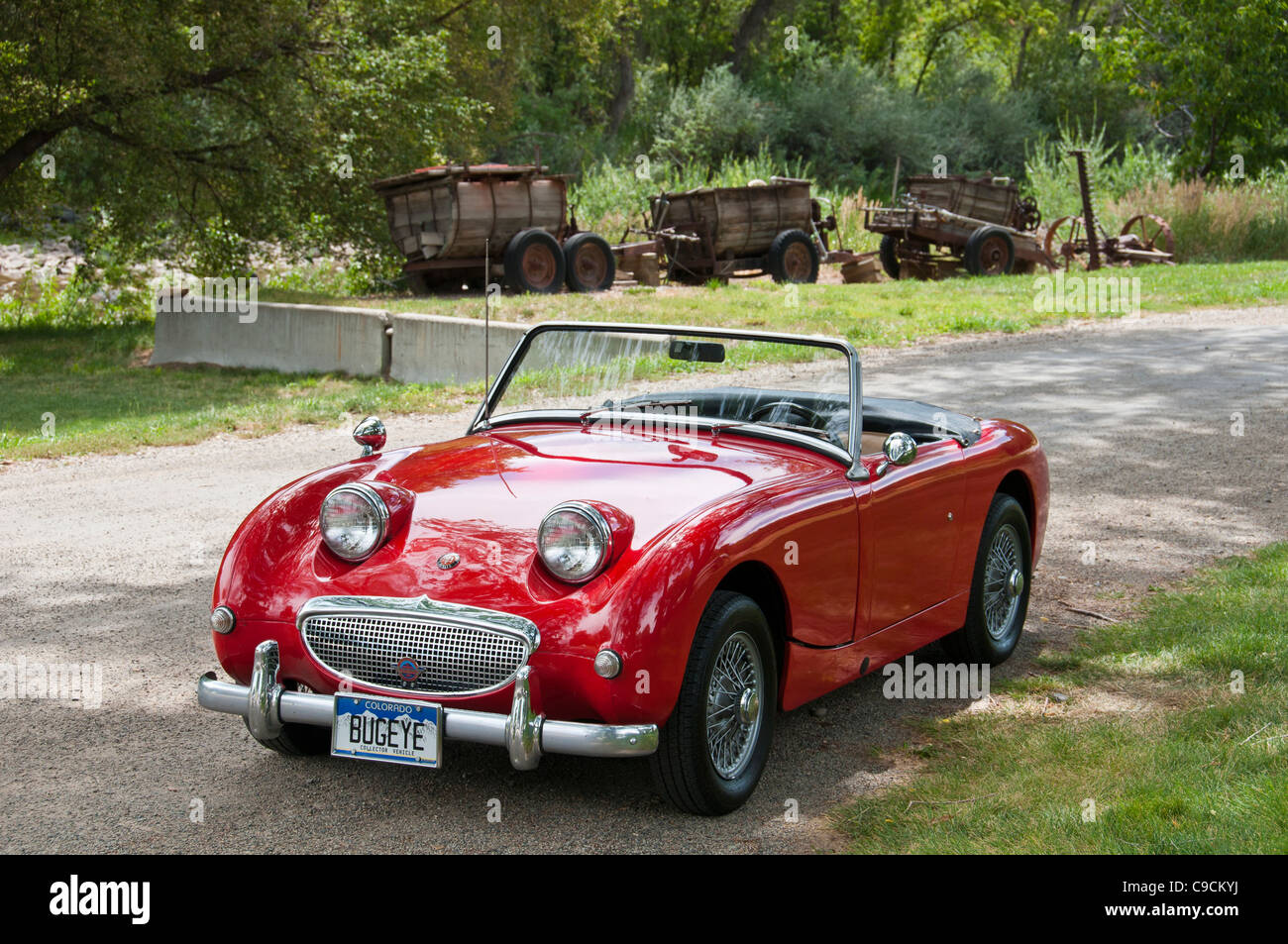 Austin Healey Sprite a valle Orchard Farm e Ponte nero cantina, Paonia, Colorado. Foto Stock