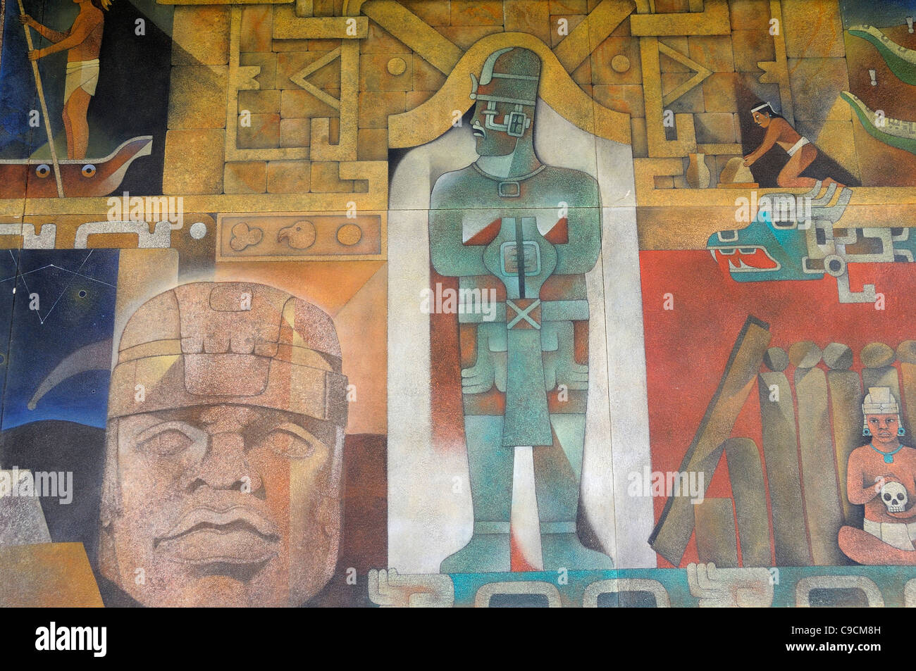 Messico, Anahuac, Teotihuacan, contemporaneo parete murale dipinto al Museo Manuel Gamio. Foto Stock