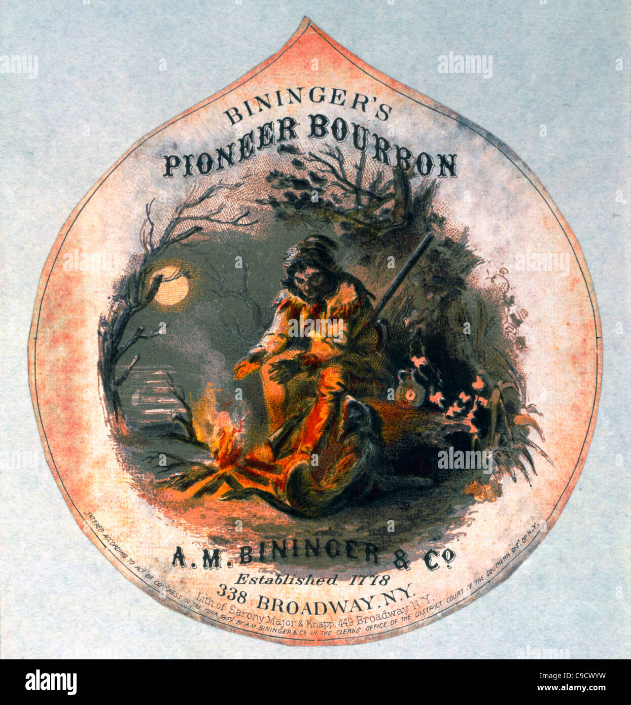 Bininger's Pioneer Borbone, A.M. Bininger & Company, Bourbon Advertising etichetta, circa 1859 Foto Stock