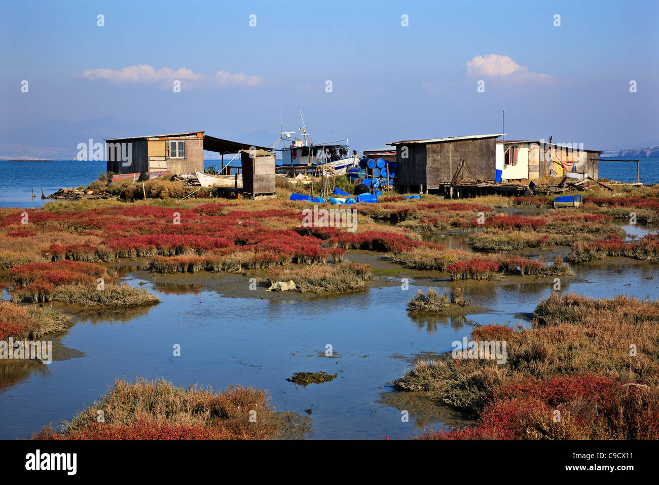 Stilt capanne in delta di Axios (conosciuto anche come 'Vardaris') river, Salonicco, Macedonia, Grecia Foto Stock