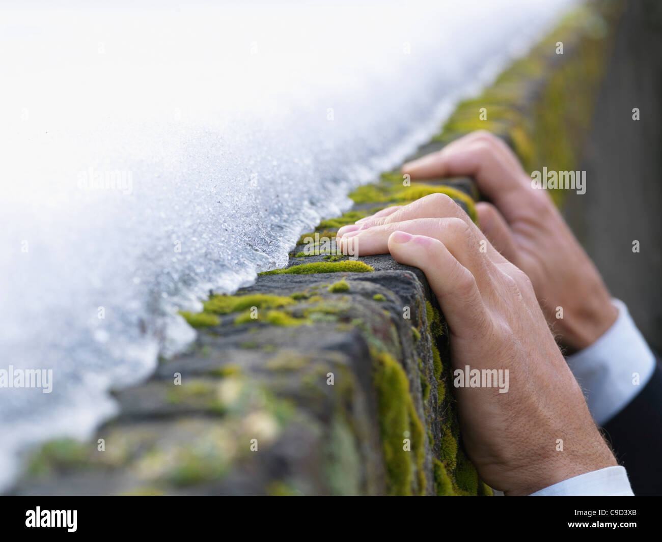 L'Italia, le mani di imprenditore aggrapparsi ghiacciato, moss battuta coperta Foto Stock