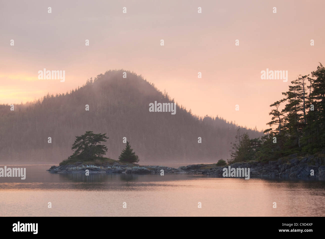 Stretto con le isole in background, Broughton Island, isola di villaggio, British Columbia, Canada Foto Stock