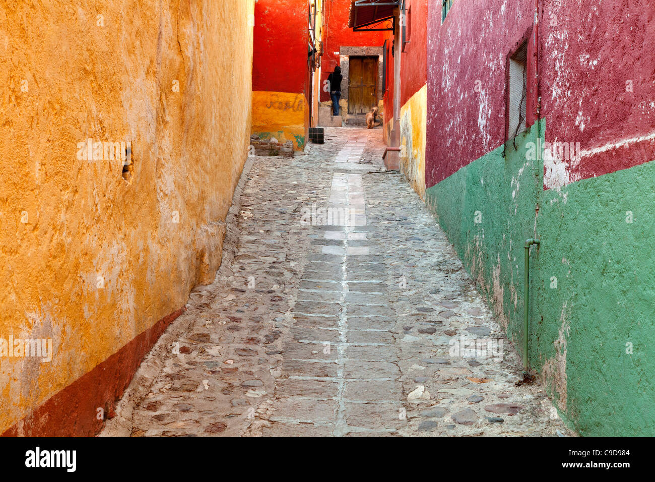 Messico Guanajuato, San Miguel De Allende, colorato strada acciottolata Foto Stock