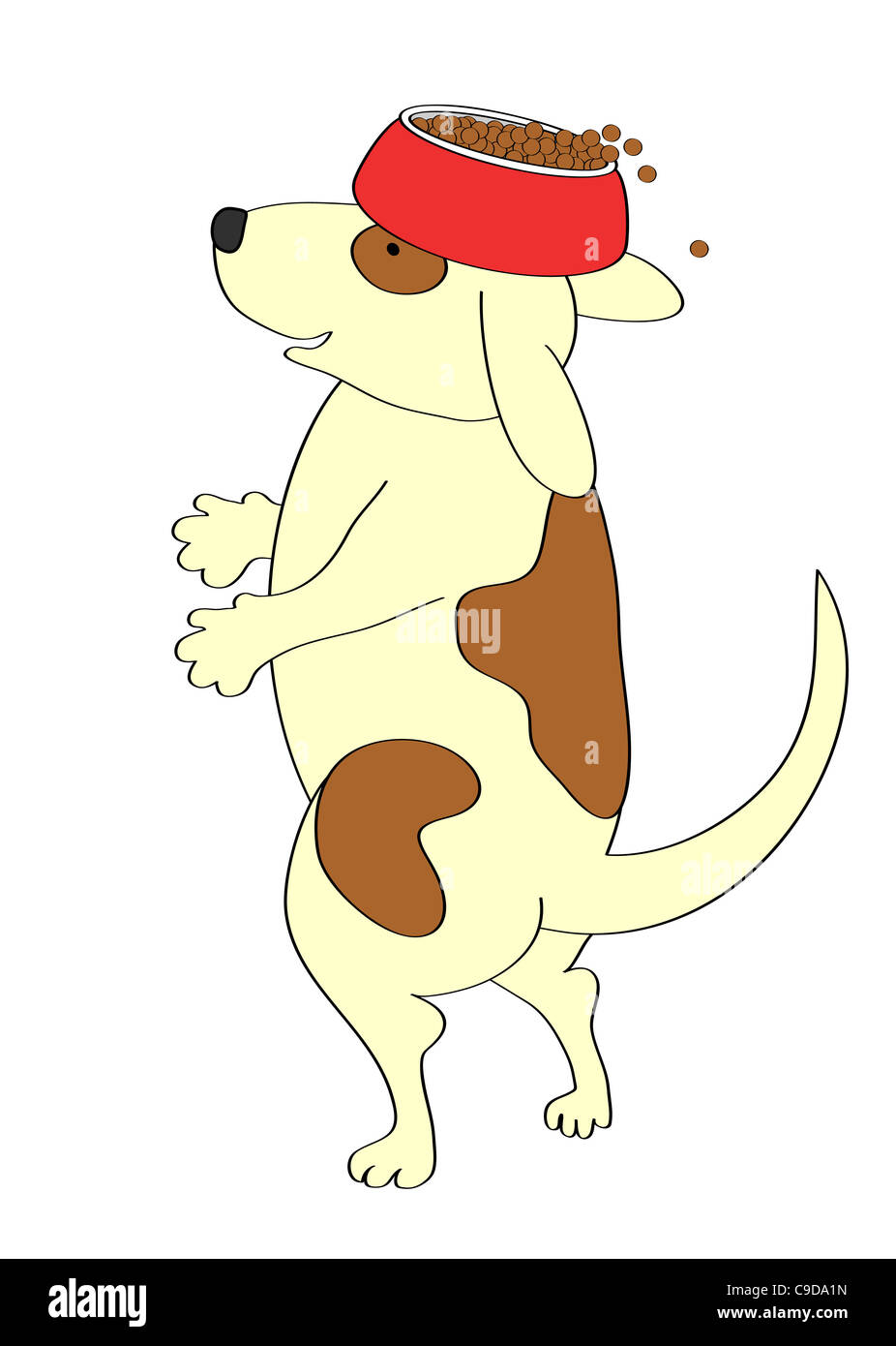 Cane con ciotola piena di cibo in piedi sulle zampe posteriori, illustrazione Foto Stock