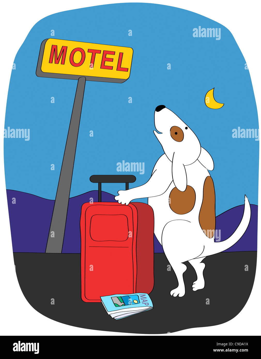 Cane con la valigia guardando motel segno di notte, illustrazione Foto Stock