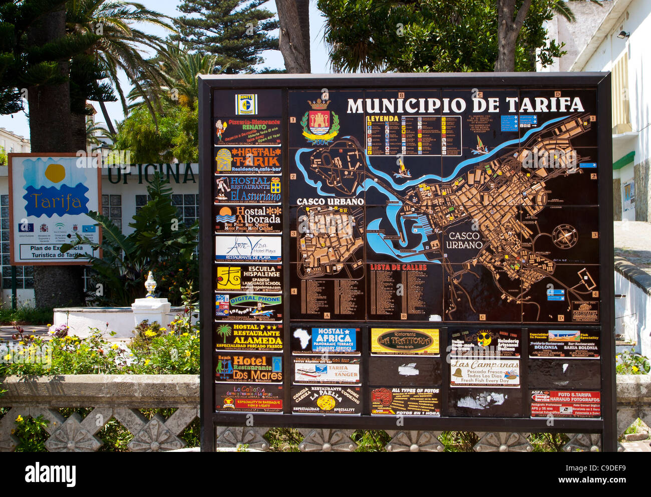 Mappa della città e informazioni, Tarifa, Costa de la Luz, Andalusia, Spagna Foto Stock