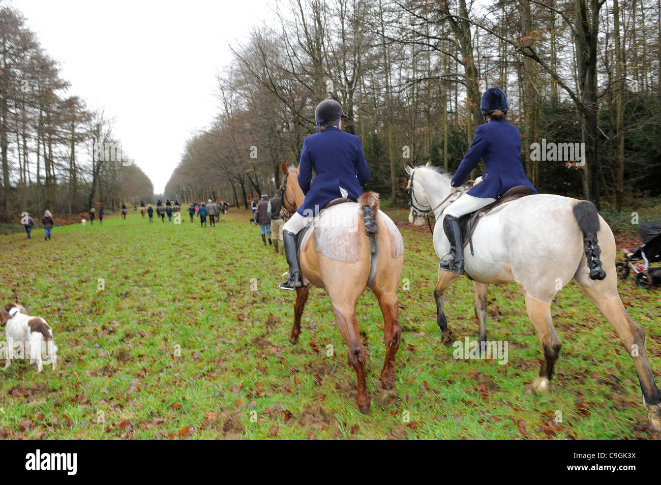 Piloti fuori nella station wagon all'inizio della caccia-Duca di Beaufort Hunt soddisfare a Worcester Lodge Didmarton, Gloucestershire, sul Boxing Day - UK.26 Dicembre 2011 Foto Stock