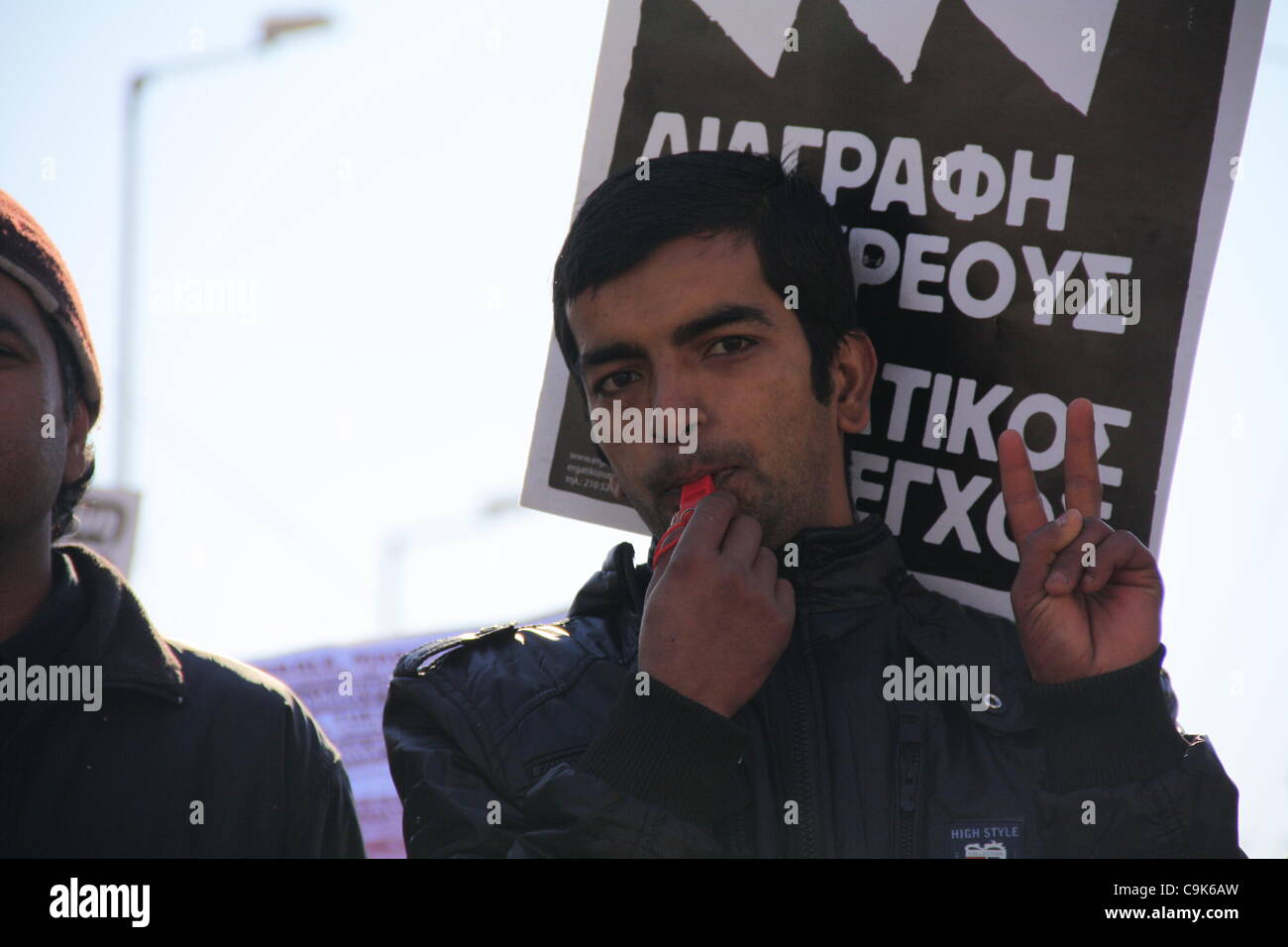 Greco settore privato Sciopero e protesta contro il governo greco misure di austerità come pure contro il FMI e la BCE. Atene, Grecia, 17 Gennaio 2011 Foto Stock