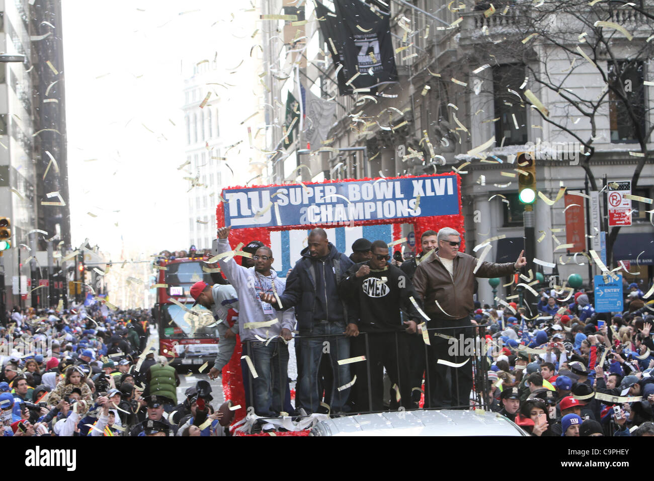 7 Feb 2012, New York. Parata tenutasi a Manhattan per celebrare la squadra NFL New York Giants' vincere nel Superbowl. Foto Stock