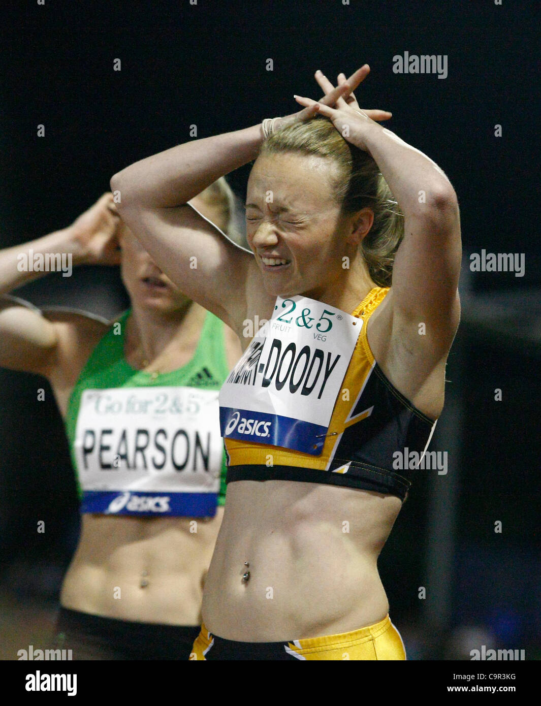Alicia chiave- Doody esausto dopo la 100m womans gara al 2012 perth track classic, WA Athletics Stadium Xi Febbraio 2012 Foto Stock