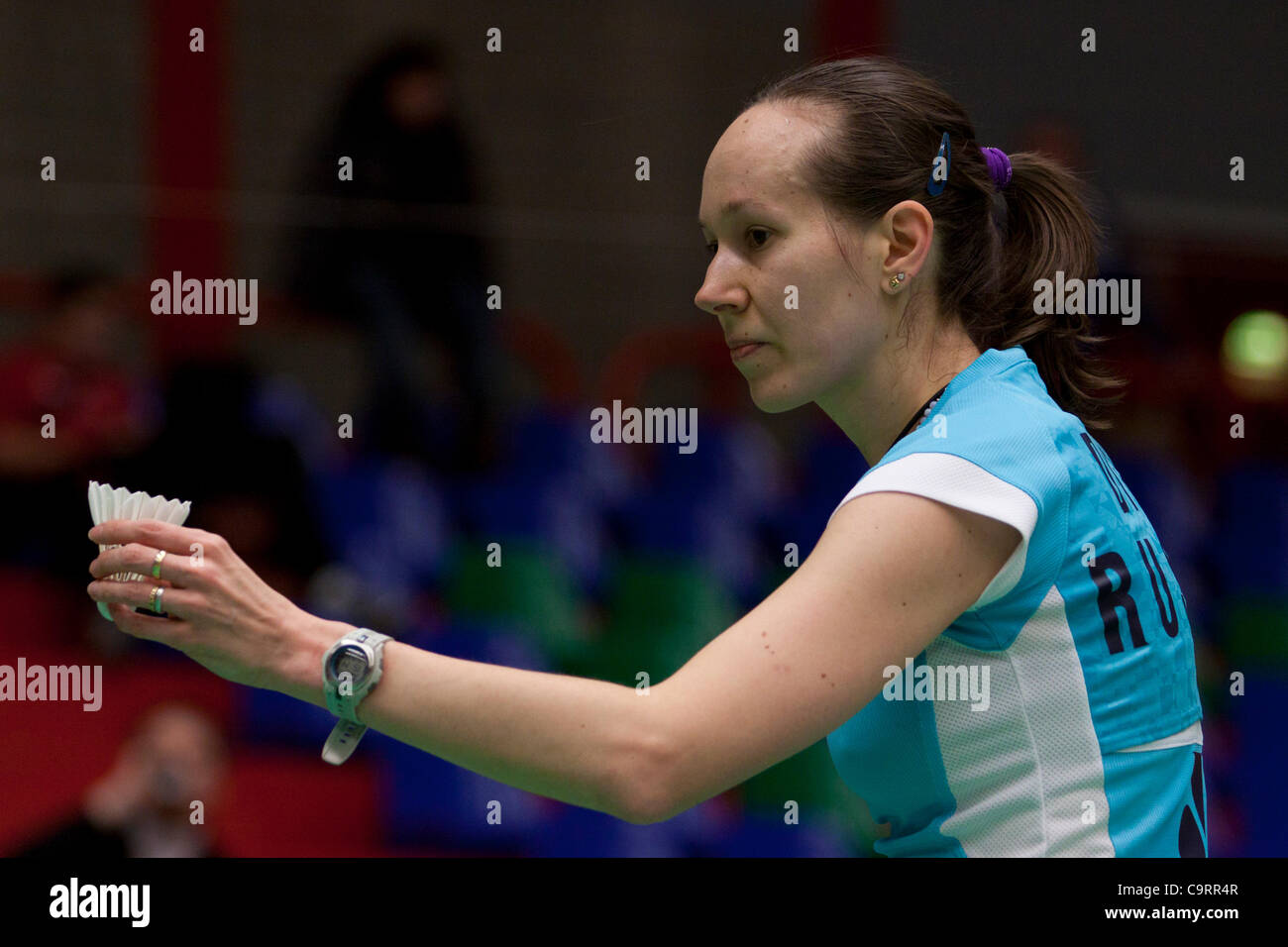 AMSTERDAM, PAESI BASSI, 14/02/2012. Badminton player Ella Diehl (Russia, nella foto) battiti Zuzana Orlovska (Slovacchia) nella fase di gruppo del Team europeo Championships 2012. Foto Stock
