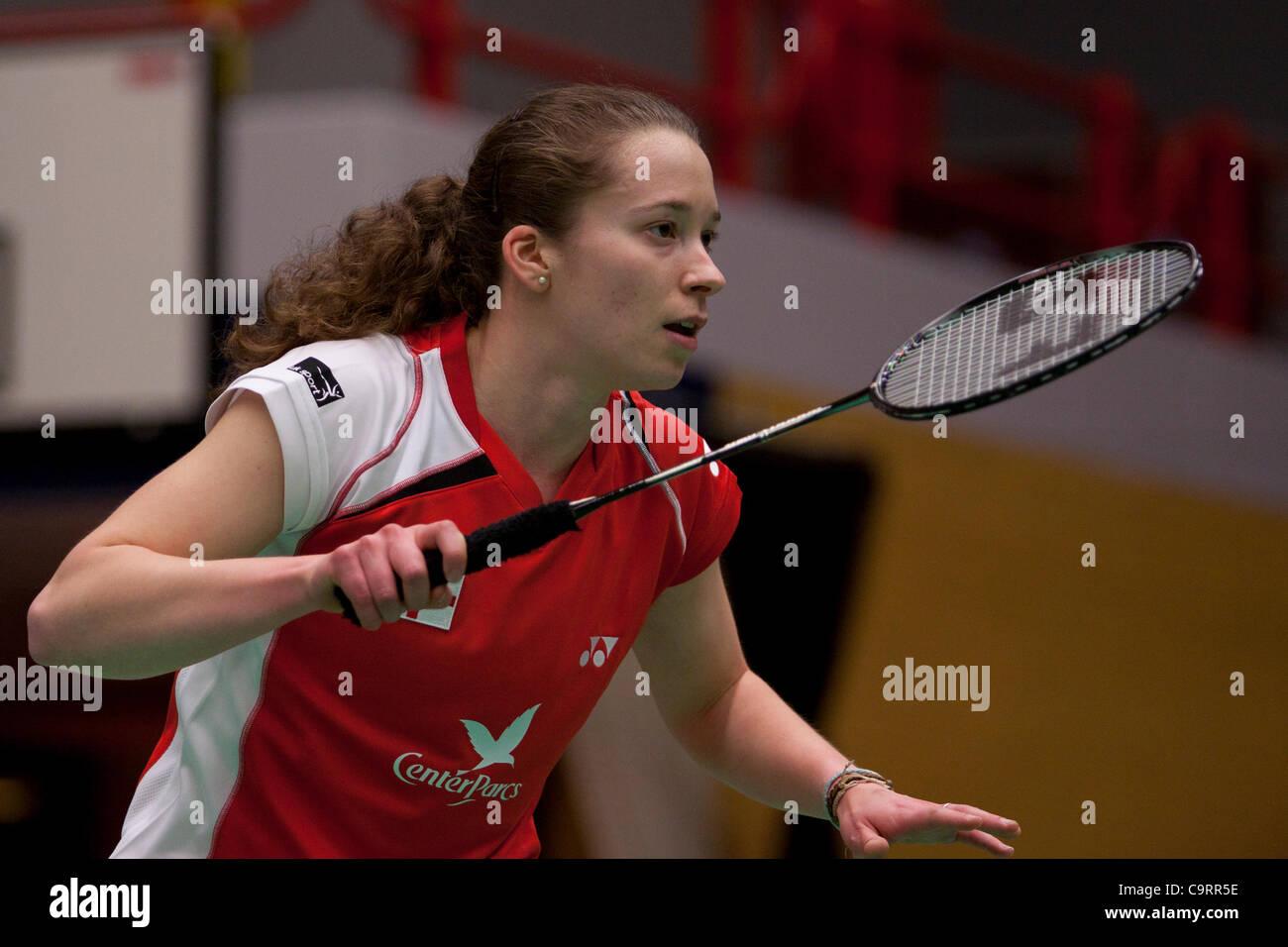 AMSTERDAM, PAESI BASSI, 14/02/2012. Badminton player Nicola Cerfontyne (Inghilterra, nella foto) perde la sua partita contro Susan Egelstaff (Scozia) nella fase di gruppo del Team europeo Championships 2012. Foto Stock