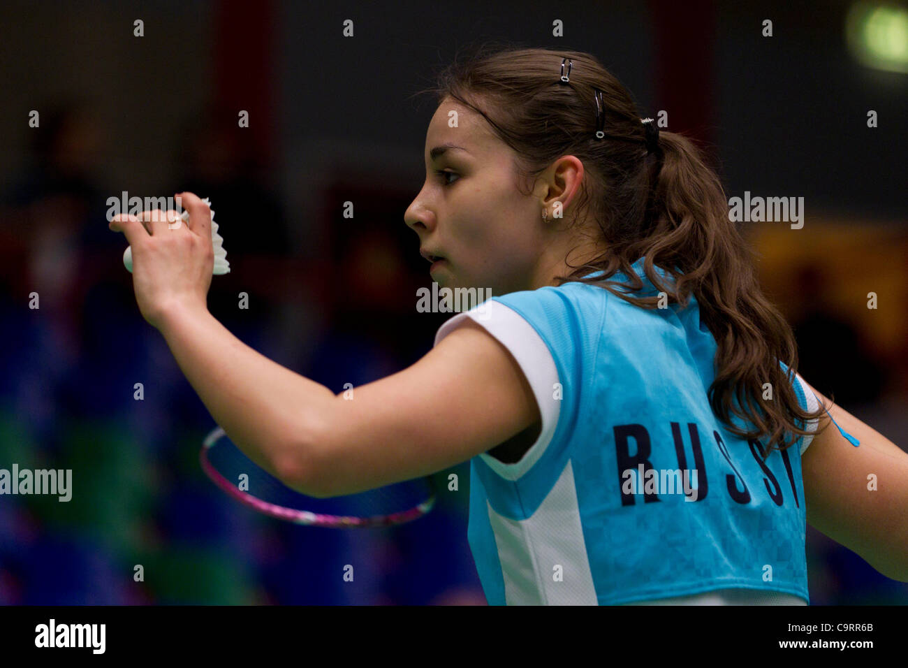 AMSTERDAM, PAESI BASSI, 14/02/2012. Badminton player Romina via Gabdullina (Russia, nella foto) vince la sua partita contro Martina Repiska (Slovacchia) nella fase di gruppo del Team europeo Championships 2012. Foto Stock