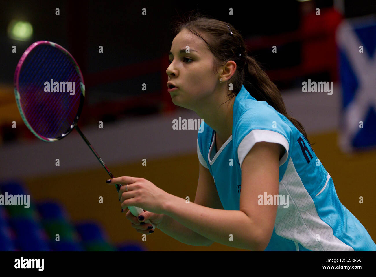 AMSTERDAM, PAESI BASSI, 14/02/2012. Badminton player Romina via Gabdullina (Russia, nella foto) vince la sua partita contro Martina Repiska (Slovacchia) nella fase di gruppo del Team europeo Championships 2012. Foto Stock