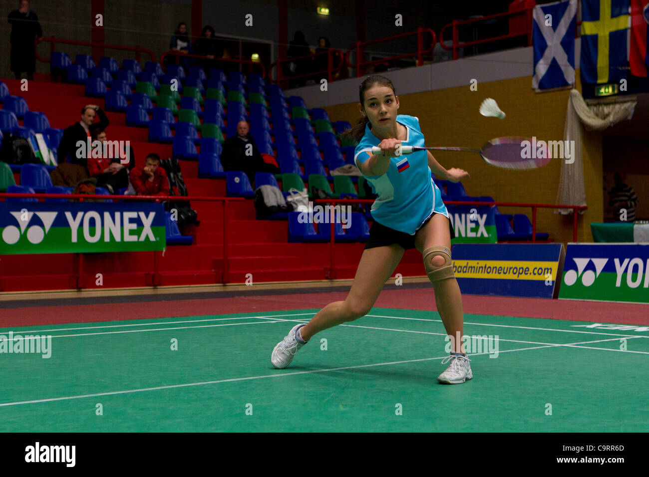 AMSTERDAM, PAESI BASSI, 14/02/2012. Badminton player Romina via Gabdullina (Russia, nella foto) vince la sua partita contro Martina Repiska (Slovacchia) nella fase di gruppo del Team europeo Championships 2012. Foto Stock