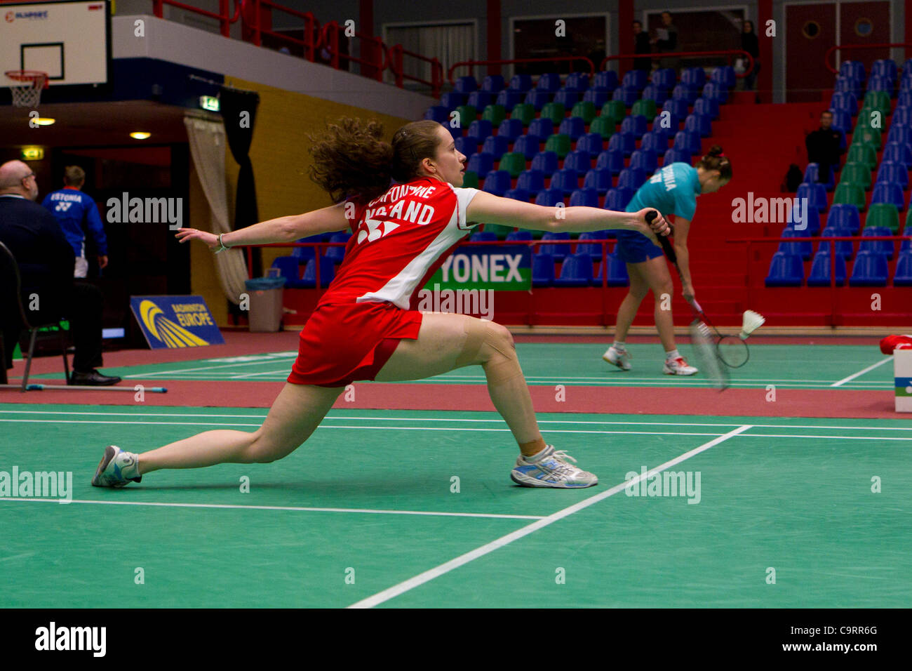 AMSTERDAM, PAESI BASSI, 14/02/2012. Badminton player Nicola Cerfontyne (Inghilterra, nella foto) perde la sua partita contro Susan Egelstaff (Scozia) nella fase di gruppo del Team europeo Championships 2012. Foto Stock