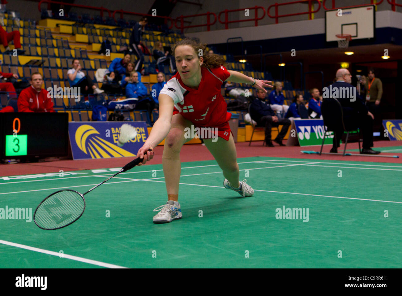 AMSTERDAM, PAESI BASSI, 14/02/2012. Badminton player Nicola Cerfontyne (Inghilterra, nella foto) perde la sua partita contro Susan Egelstaff (Scozia) nella fase di gruppo del Team europeo Championships 2012. Foto Stock