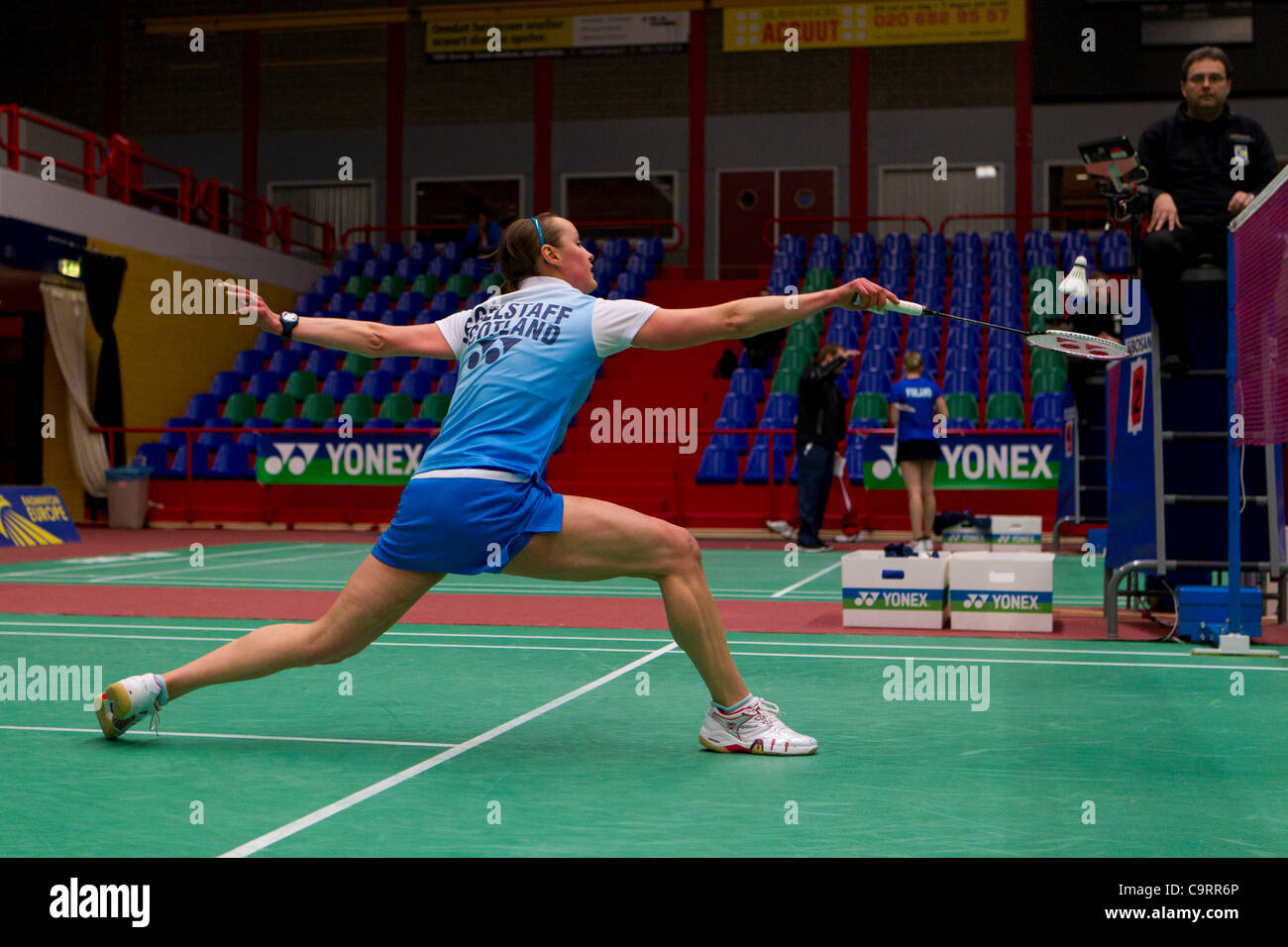 AMSTERDAM, PAESI BASSI, 14/02/2012. Badminton player Susan Egelstaff (Scozia, nella foto) vince la sua partita contro Nicola Cerfontyne (Inghilterra) nella fase di gruppo del Team europeo Championships 2012. Foto Stock
