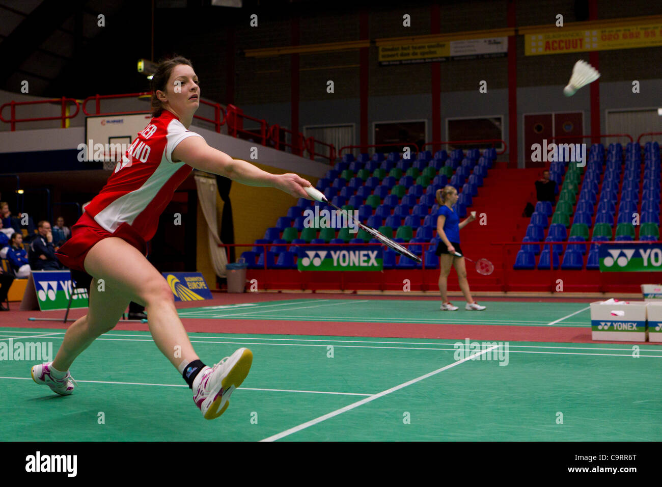 AMSTERDAM, PAESI BASSI, 14/02/2012. Badminton player Sarah Walker (Inghilterra, nella foto) perde la sua partita contro Kirsty Gilmour (Scozia) nella fase di gruppo del Team europeo Championships 2012. Foto Stock