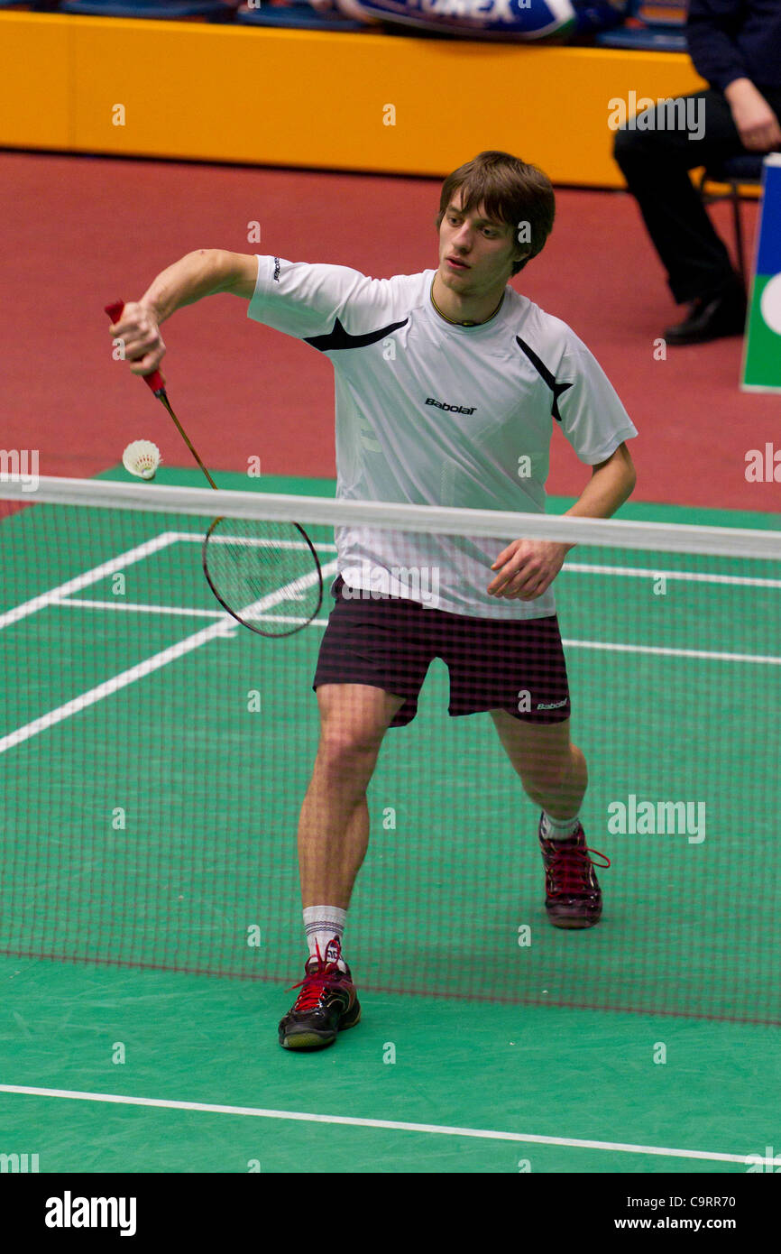 AMSTERDAM, PAESI BASSI, 14/02/2012. Badminton player Dmytro Zavadsky (Ucraina, nella foto) vince la sua partita contro Atli Johannesson (Islanda) nella fase di gruppo del Team europeo Championships 2012. Foto Stock