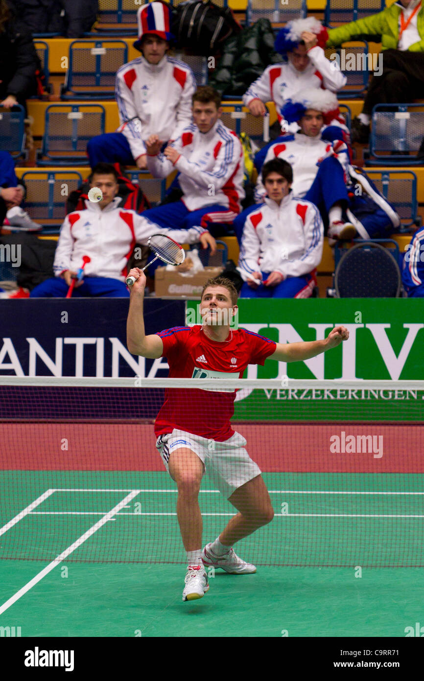 AMSTERDAM, PAESI BASSI, 14/02/2012. Badminton player Brice Leverdez (Francia, nella foto) perde la sua partita contro Raul deve (Estonia) nella fase di gruppo del Team europeo Championships 2012. Foto Stock