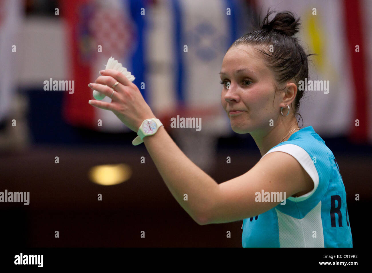 AMSTERDAM, PAESI BASSI, 17/02/2012. Badminton player Tatjana Bibik (Russia, nella foto) vince la sua partita contro Linda Zechiri, Bulgaria) nei quarti di finale della squadra europea campionati Badminton 2012 ad Amsterdam. Foto Stock