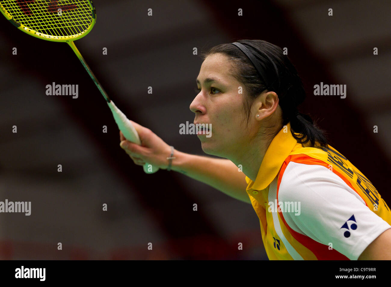 AMSTERDAM, PAESI BASSI, 17/02/2012. Badminton player Judith Meulendijks (Paesi Bassi, nella foto) vince la sua partita contro il Jeanine Cicognini (Svizzera) nei quarti di finale della squadra europea campionati Badminton 2012 ad Amsterdam. Foto Stock