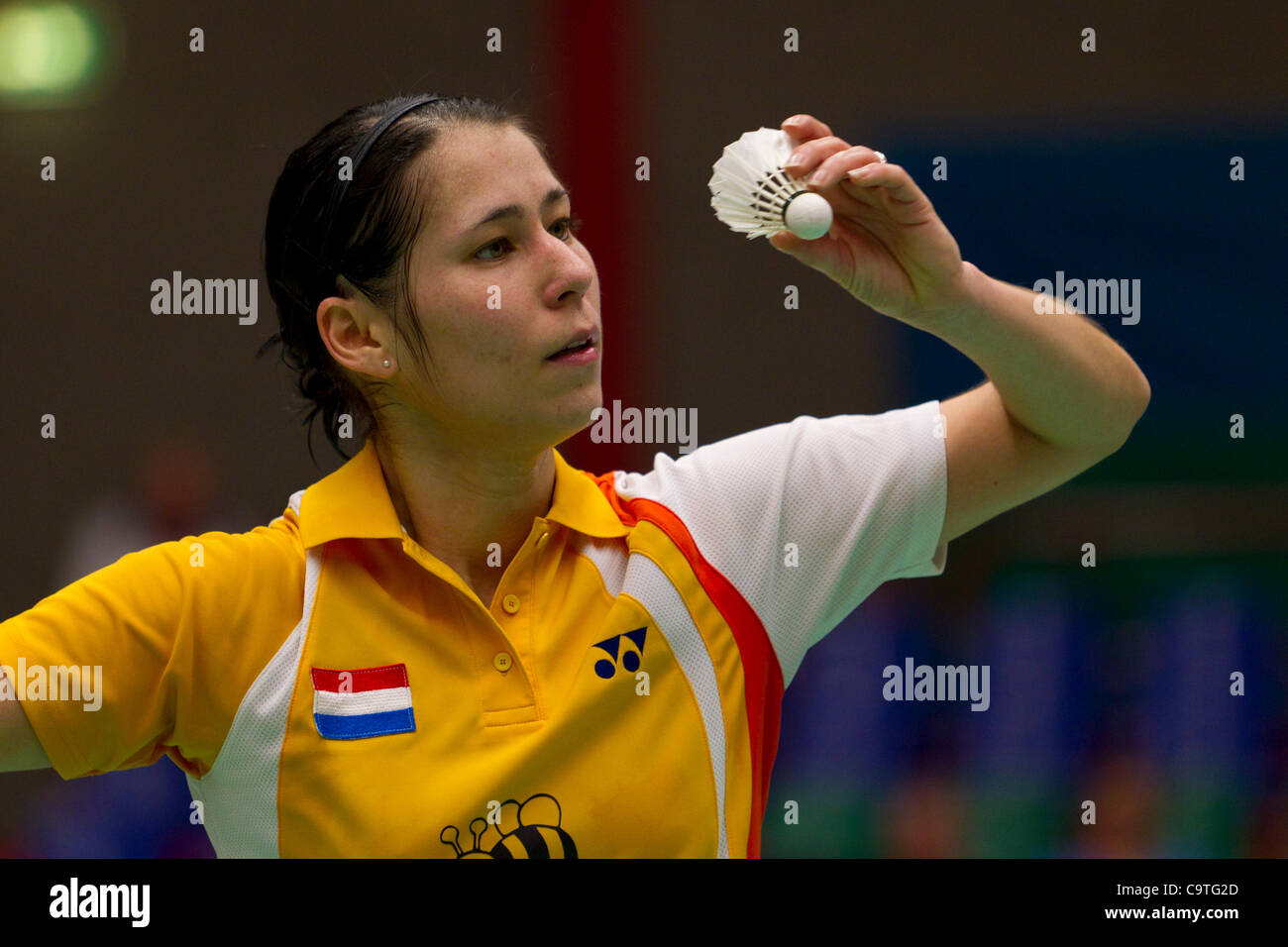 AMSTERDAM, PAESI BASSI, 18/02/2012. Badminton player Judith Meulendijks (Paesi Bassi, nella foto) battiti Juliane Schenk (Germania) nelle semifinali del Team europeo di Badminton campionati 2012 ad Amsterdam. Foto Stock