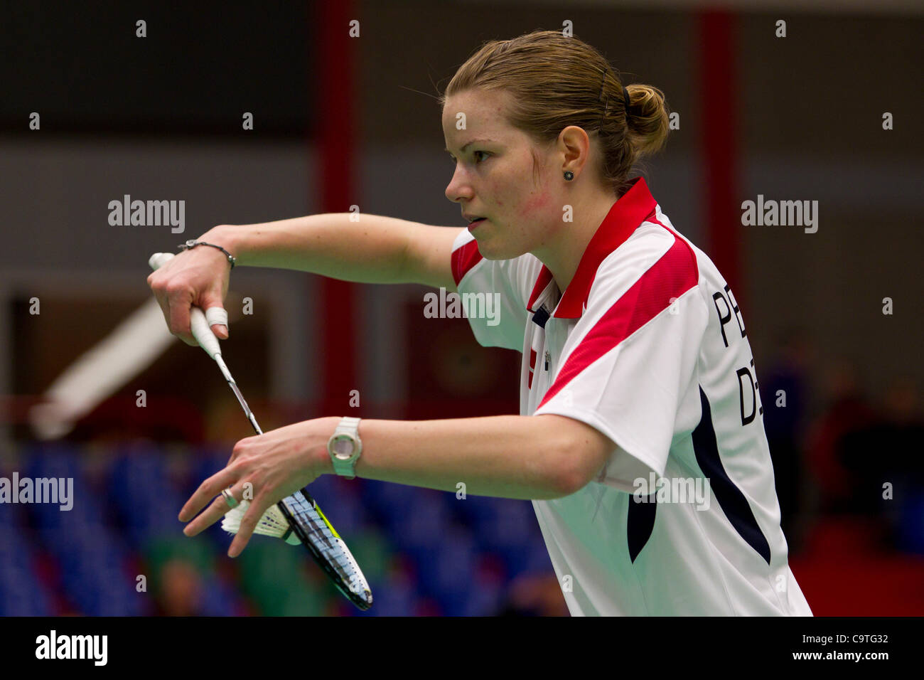 AMSTERDAM, PAESI BASSI, 18/02/2012. Badminton Giocatori Christinna Pedersen (foto) e Kamilla Rytter descrivono Juhl (Danimarca) battere i russi nelle semifinali del Team europeo di Badminton campionati 2012 ad Amsterdam. Foto Stock