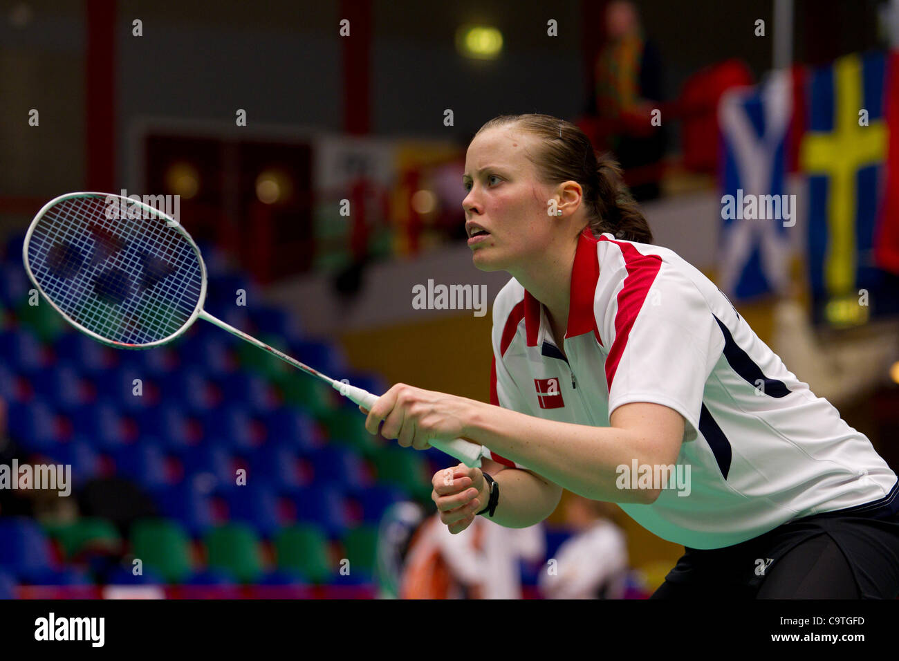 AMSTERDAM, PAESI BASSI, 18/02/2012. Badminton Giocatori Kamilla Rytter descrivono Juhl (foto) e Christinna Pedersen (Danimarca) battere i russi nelle semifinali del Team europeo di Badminton campionati 2012 ad Amsterdam. Foto Stock
