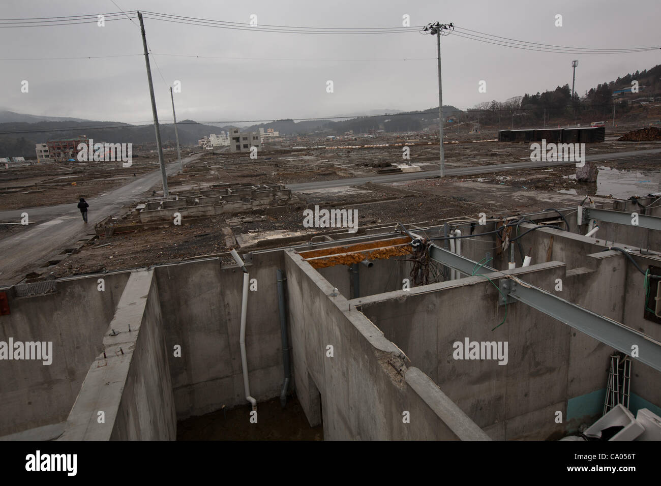 Tsunami devastazioni in Minami-Sanriku sul 1 anno di anniversario del 11 marzo 2011 grandezza 9 terremoto e tsunami successivi, in Minami-Sanriku, regione di Tohoku, Giappone domenica 11 marzo 2012. Foto Stock